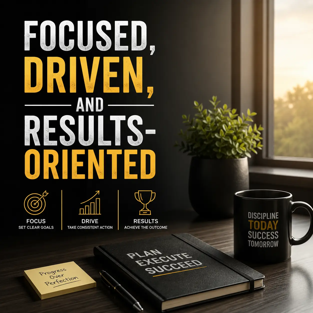 A modern motivational workspace design featuring bold typography that reads “Focused, Driven, and Results-Oriented” beside a sleek desk setup with a notebook, coffee mug, pen, sticky note, and plant near a sunlit window.