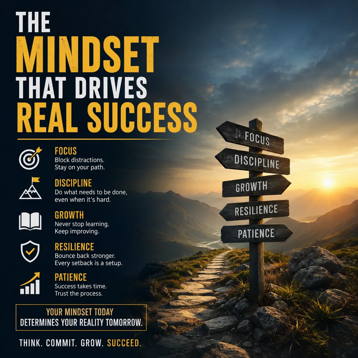 Motivational graphic titled “The Mindset That Drives Real Success” featuring a mountain path at sunrise and a wooden signpost pointing to Focus, Discipline, Growth, Resilience, and Patience. The design highlights key success principles with icons and short motivational messages in bold yellow and white text on a dark background.