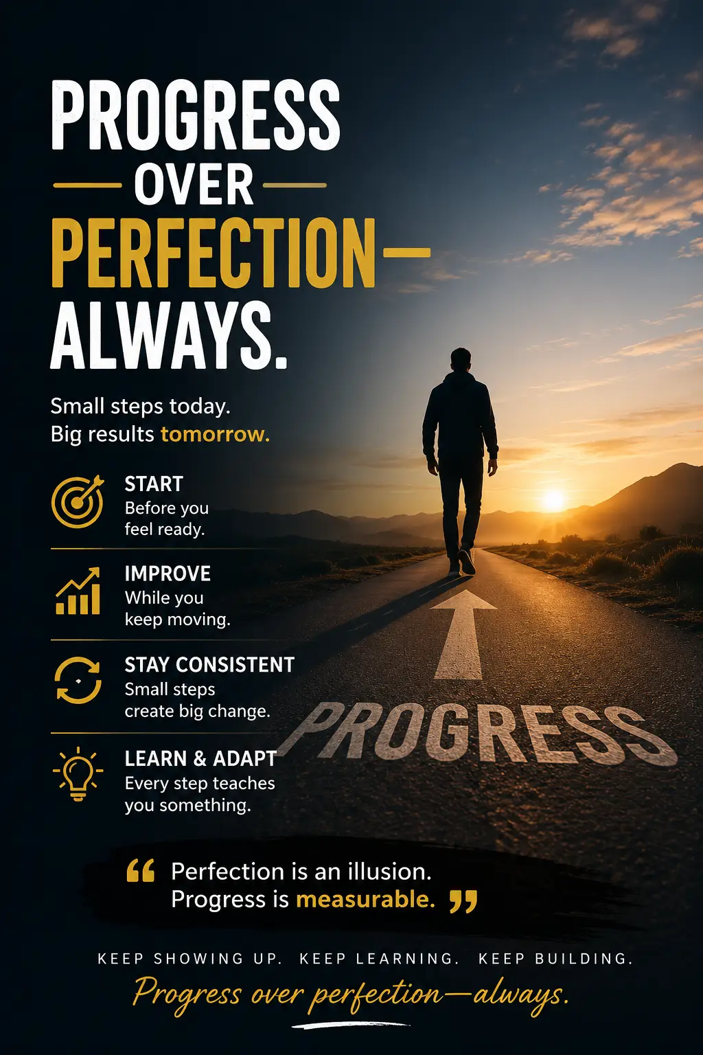 Motivational poster featuring the quote “Progress Over Perfection—Always” in bold typography beside a person walking down a road toward a sunrise. The design uses dark blue and gold tones with inspiring messages about consistency, growth, learning, and taking action.